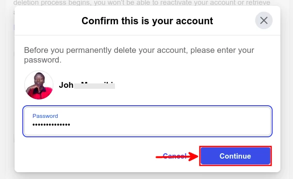 Facebook account deletion password confirmation