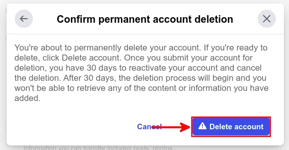 Facebook confirm permanent account deletion