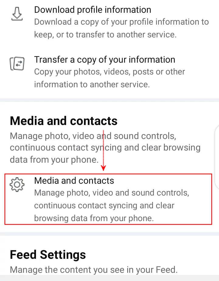 Facebook mobile app media and contacts settings