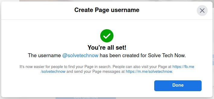 Facebook page username created successfully