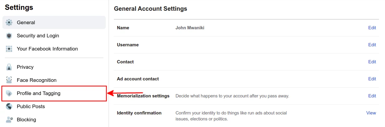 Facebook profile & tagging settings