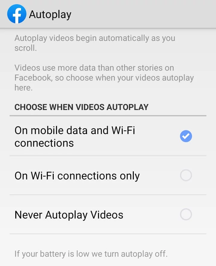 Facebook videos autoplay settings