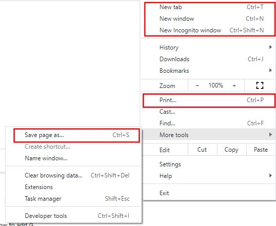 File menu bar options in Chrome