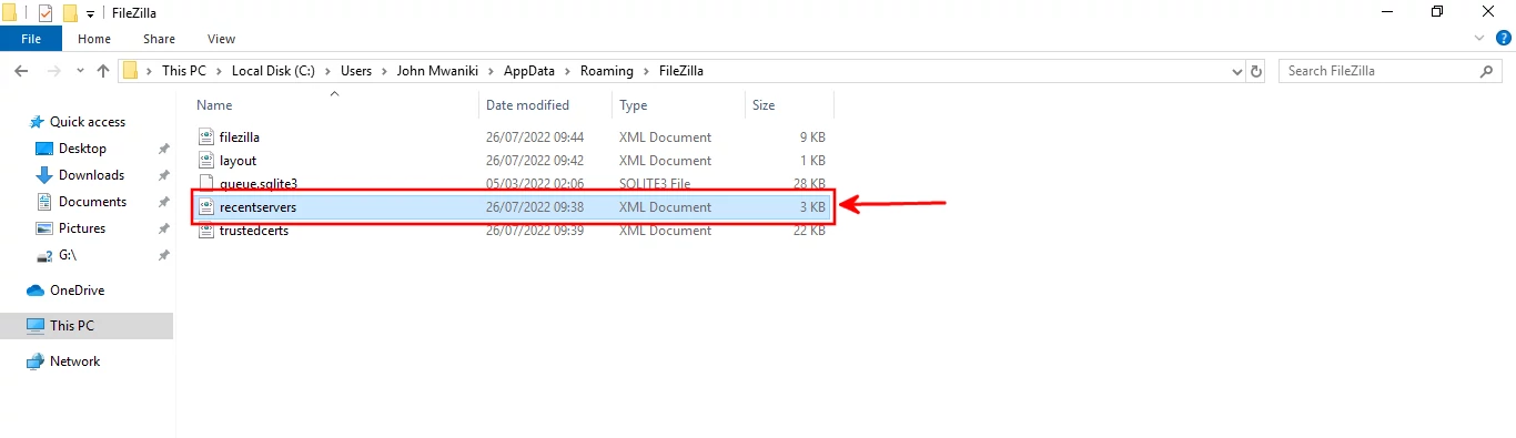 FileZilla recentservers.xml location in Windows