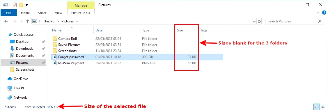 Files and folders sizes in Windows File Explorer