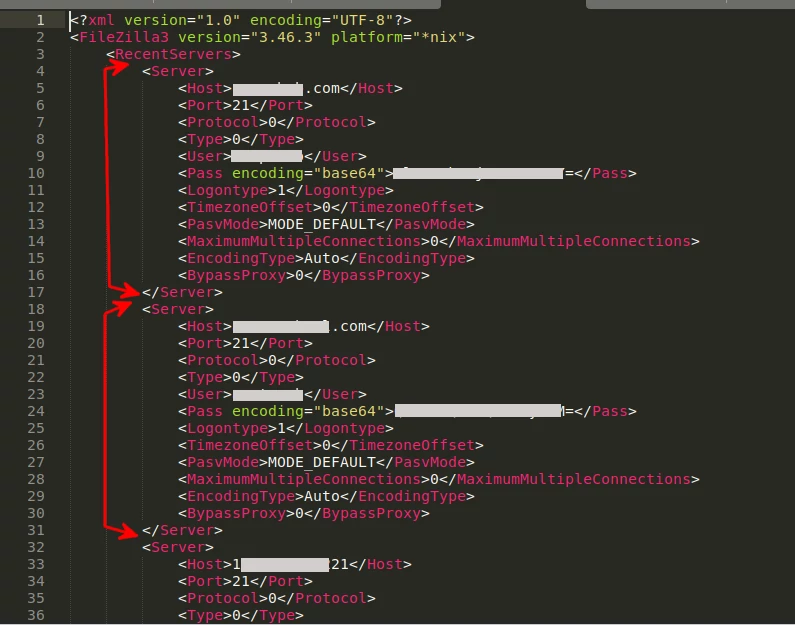 FileZilla recentservers.xml code