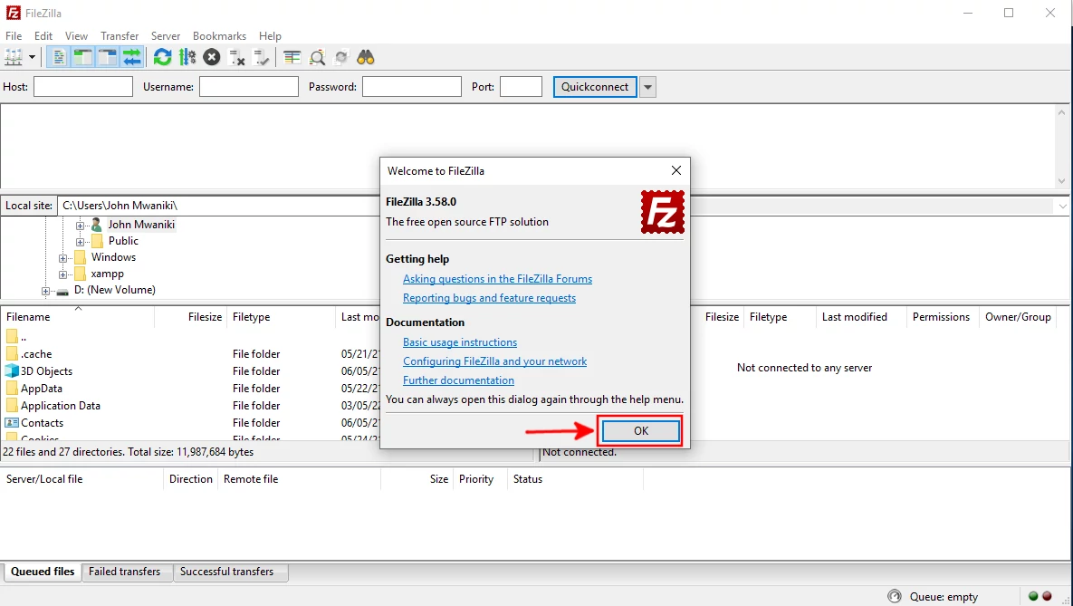 FileZilla welcome dialog