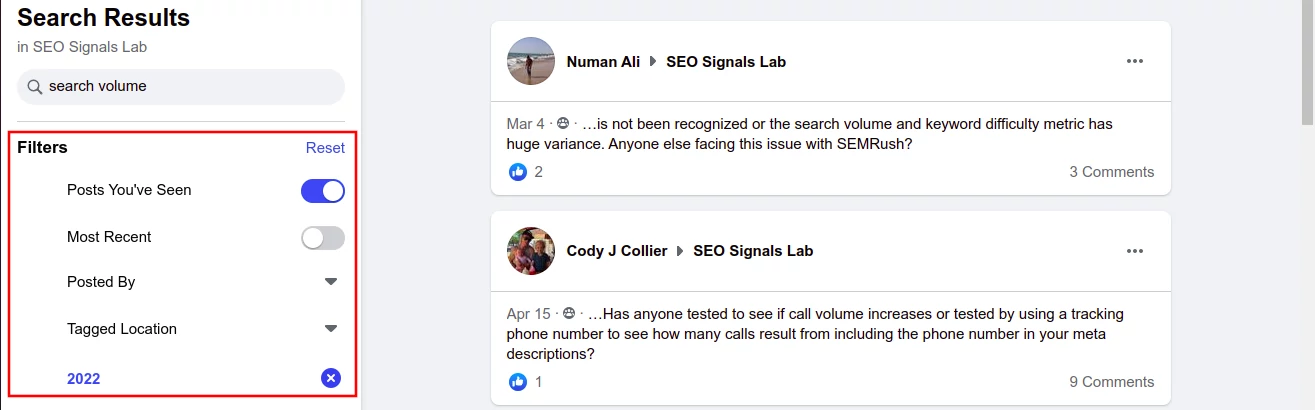 Filtering search results on Facebook groups