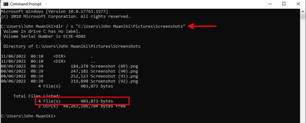 Finding a folder size via command prompt