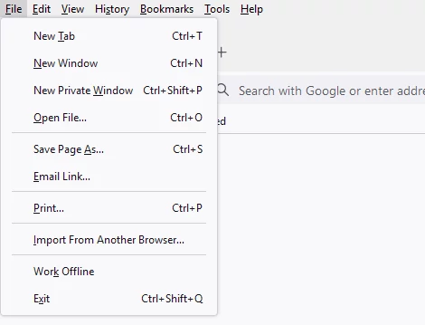 Firefox menu bar File menu