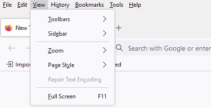 Firefox menu bar View menu