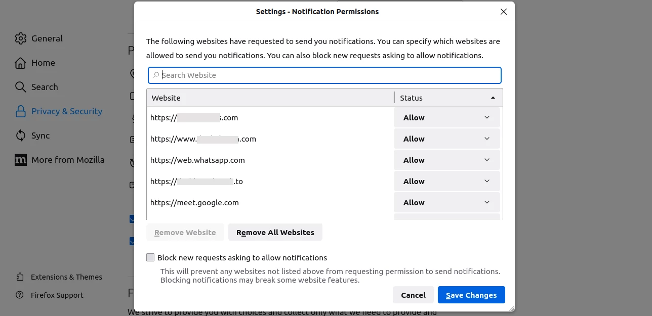 Firefox notification permissions