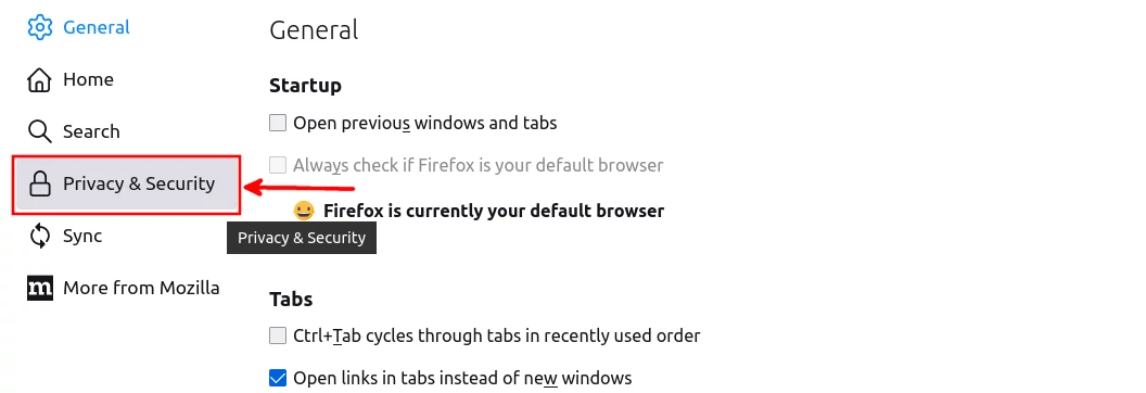 Firefox settings privacy & policy tab