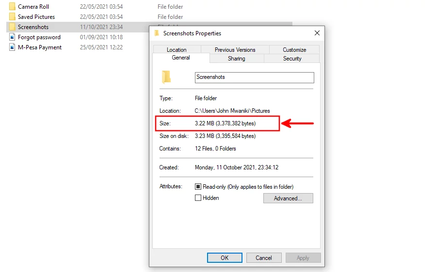 Folder properties in Windows File Explorer