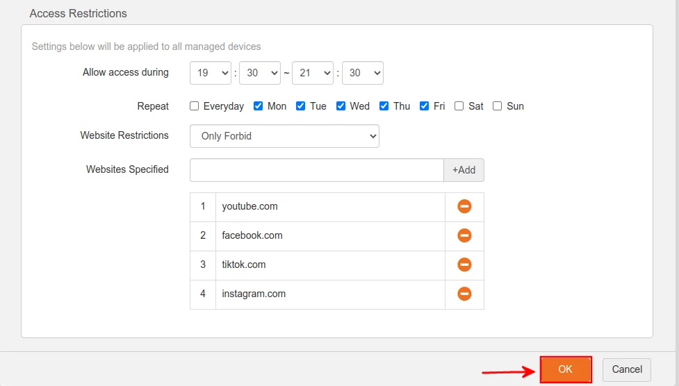 Forbiding specific websites on Tenda F3 router