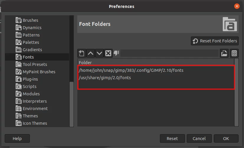 GIMP fonts folder paths