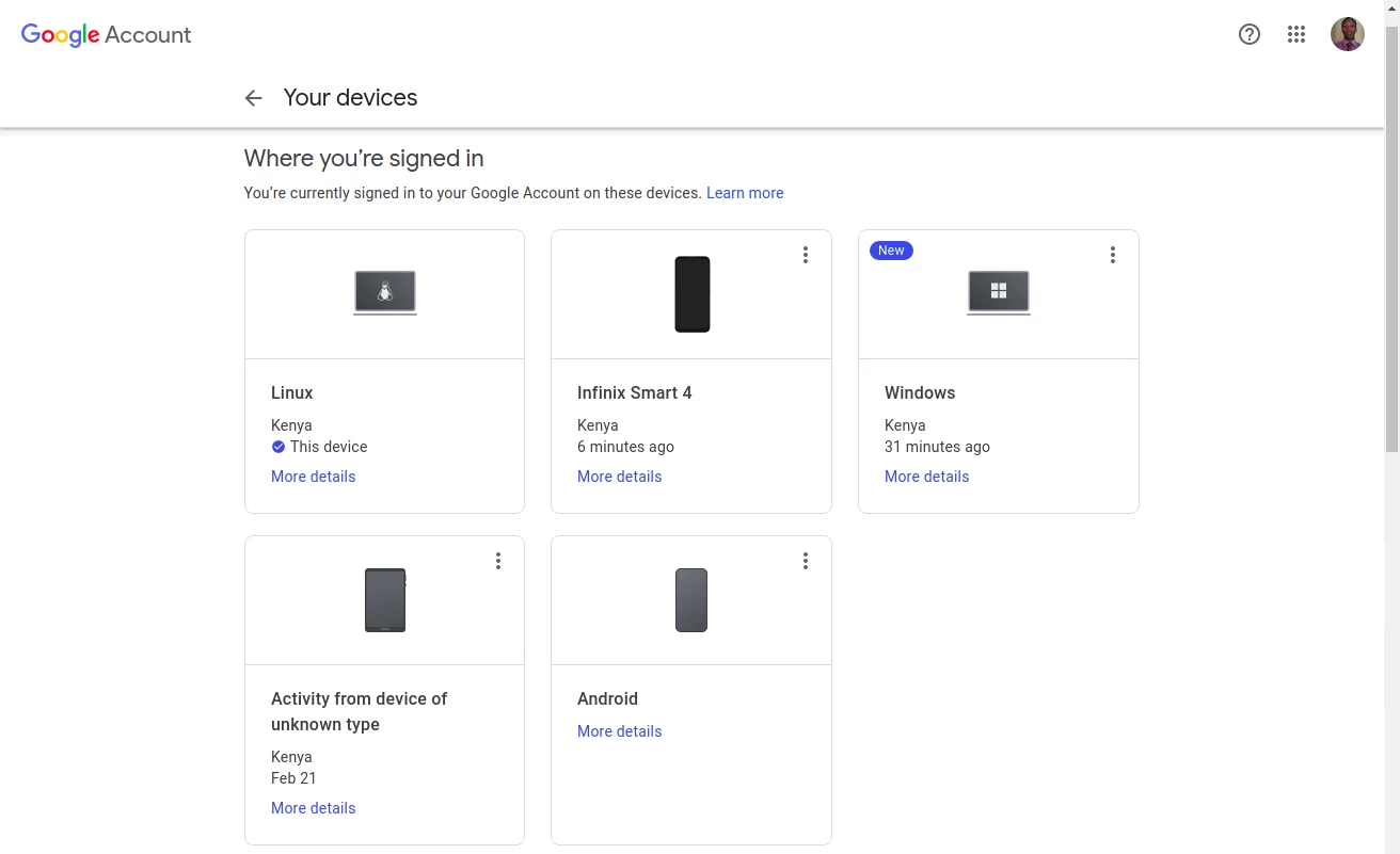Google Account all signed in devices