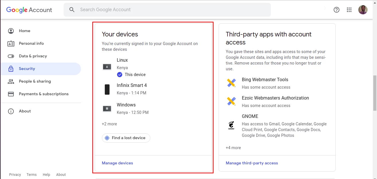 Google Account currently signed in devices