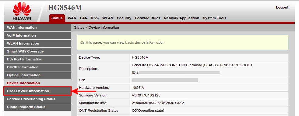 Huawei Echolife router status tab