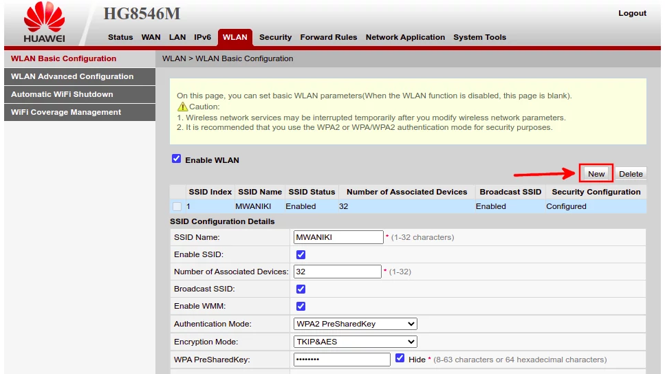 Huawei router interface new WiFi network