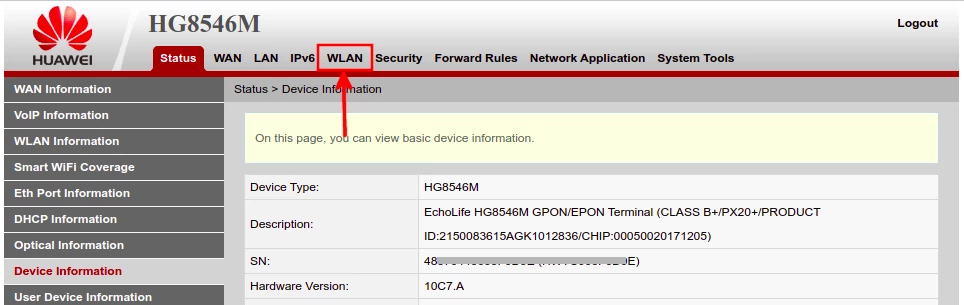 Huawei router interface WLAN link