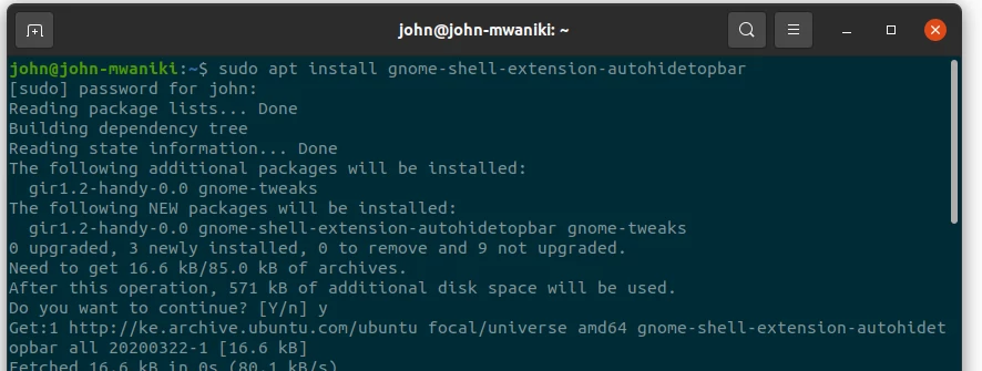 Installing the auto-hide topbar GNOME shell extension