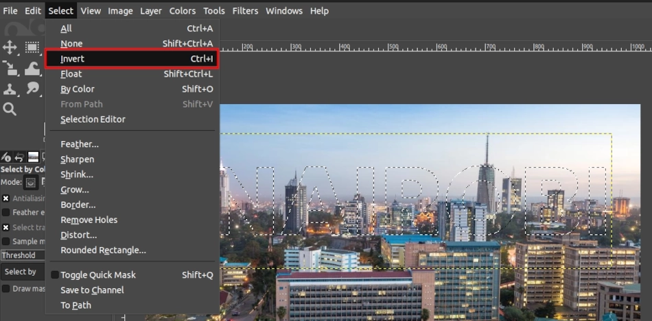 Inverting text selection on an image in GIMP