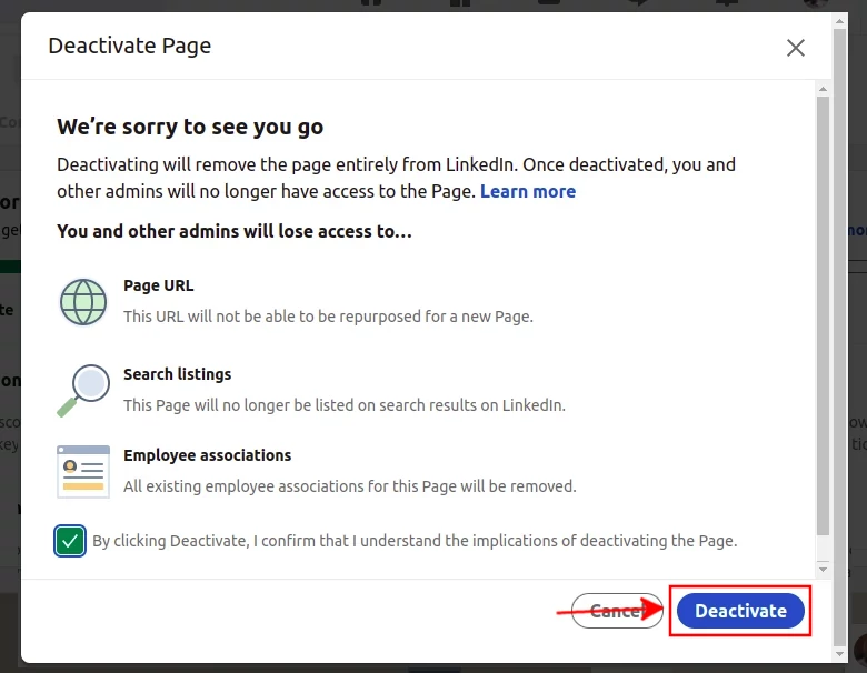LinkedIn company page deactivation confirmation