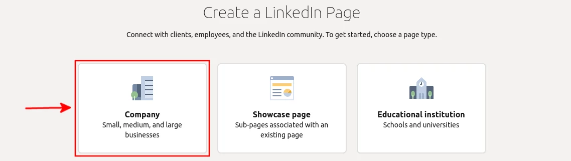LinkedIn page type selection