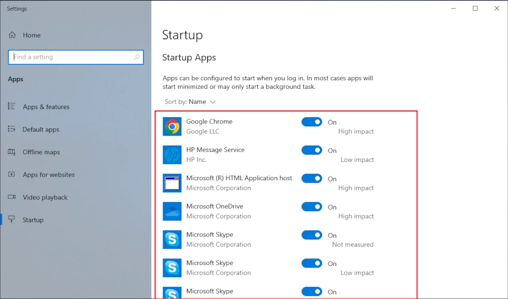 List of all Startup Apps in Windows System settings
