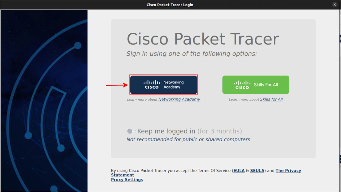 Logging to Cisco account on Packet Tracer