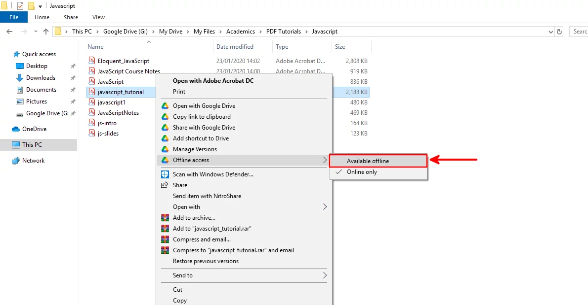 Making a Google Drive file available offline in File Explorer