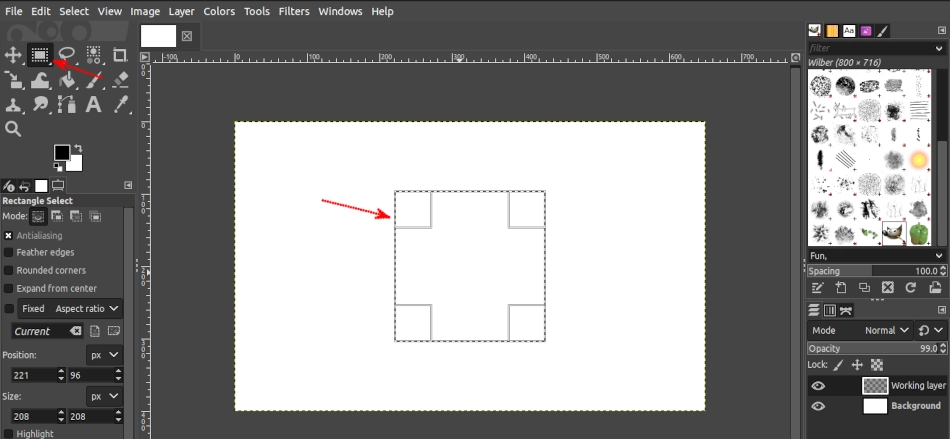 Making a square selection for octagon drawing in GIMP