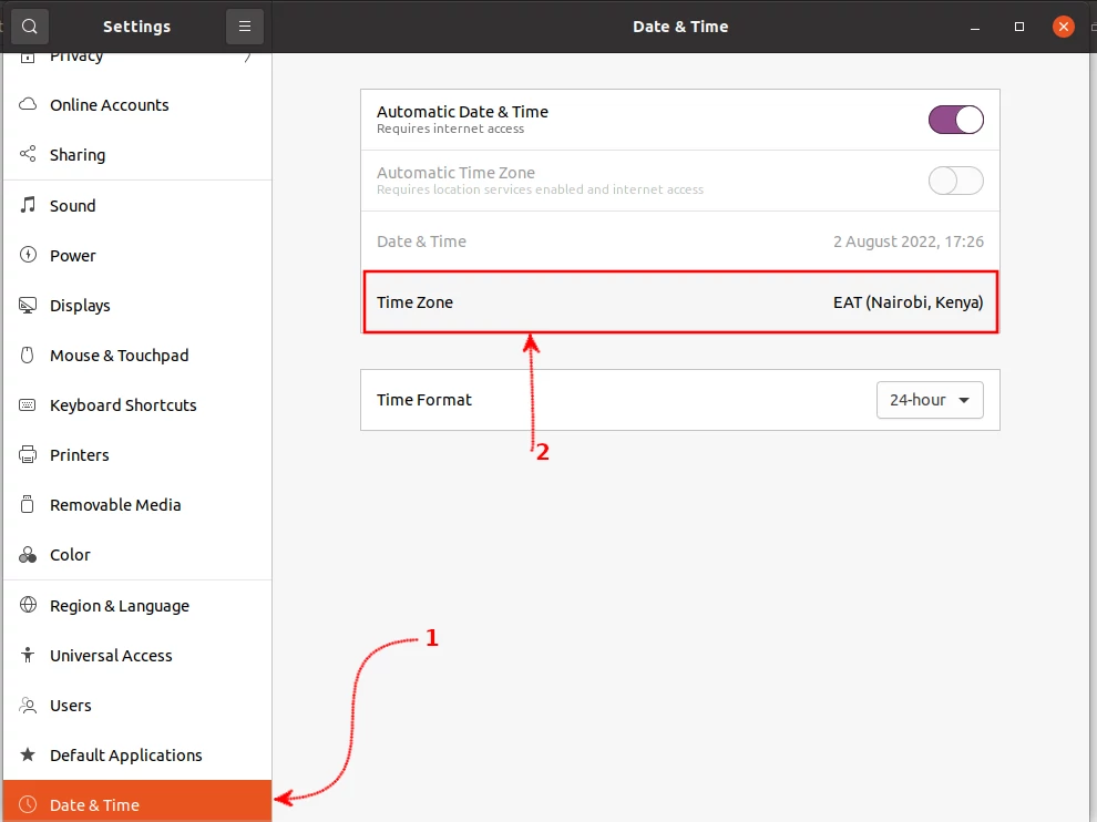 Making changes to timezone on Ubuntu settings