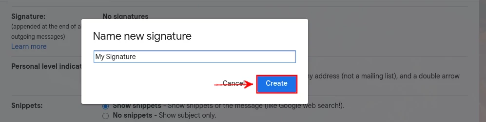 Naming a new signature in Gmail web