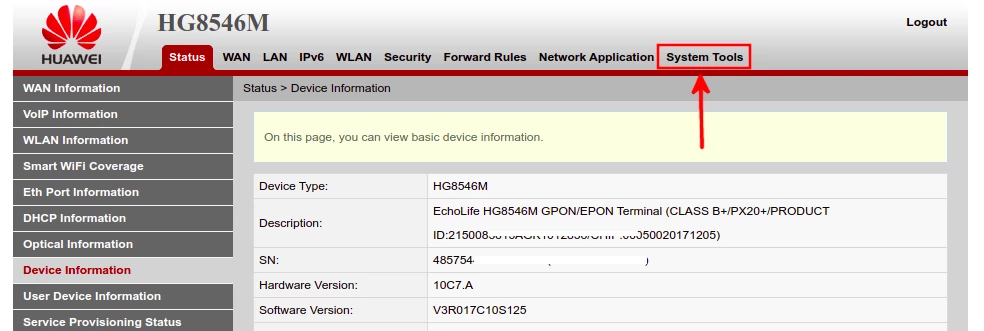 Navigating system tools in huawei echolife router