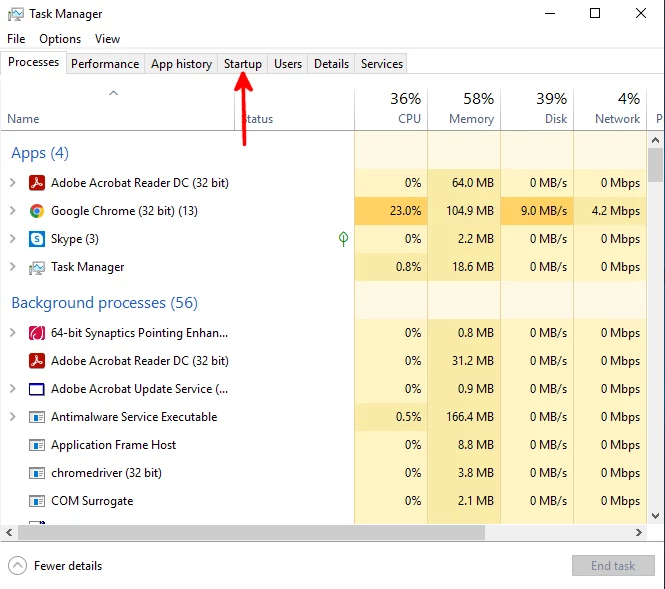 Navigating to Task Manager Startup tab