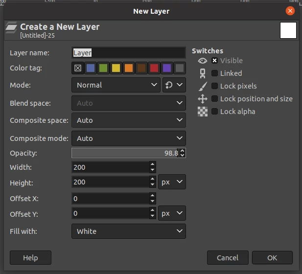 New layer settings dialog box in GIMP