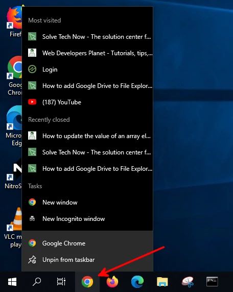 Opening a recently closed tab on Google Chrome in taskbar