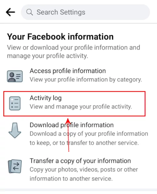 Opening Activity log on Facebook mobile app