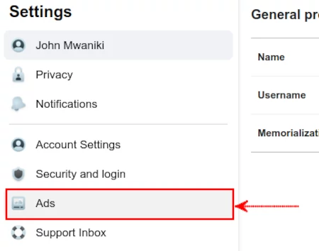 Opening Ads settings on Facebook desktop