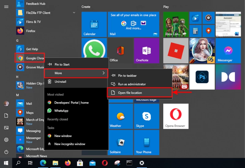Opening application file location on Windows 10