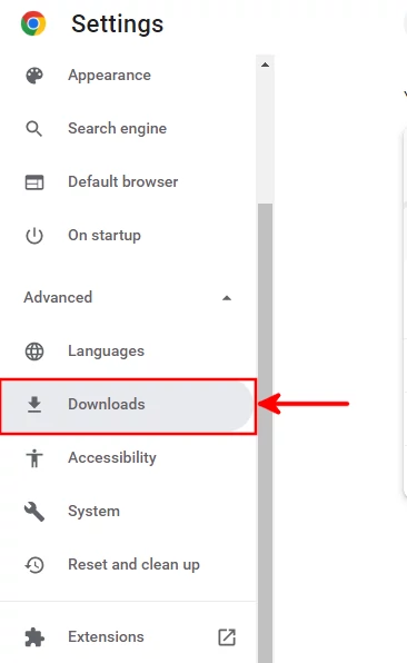 Opening Chrome browser downloads settings