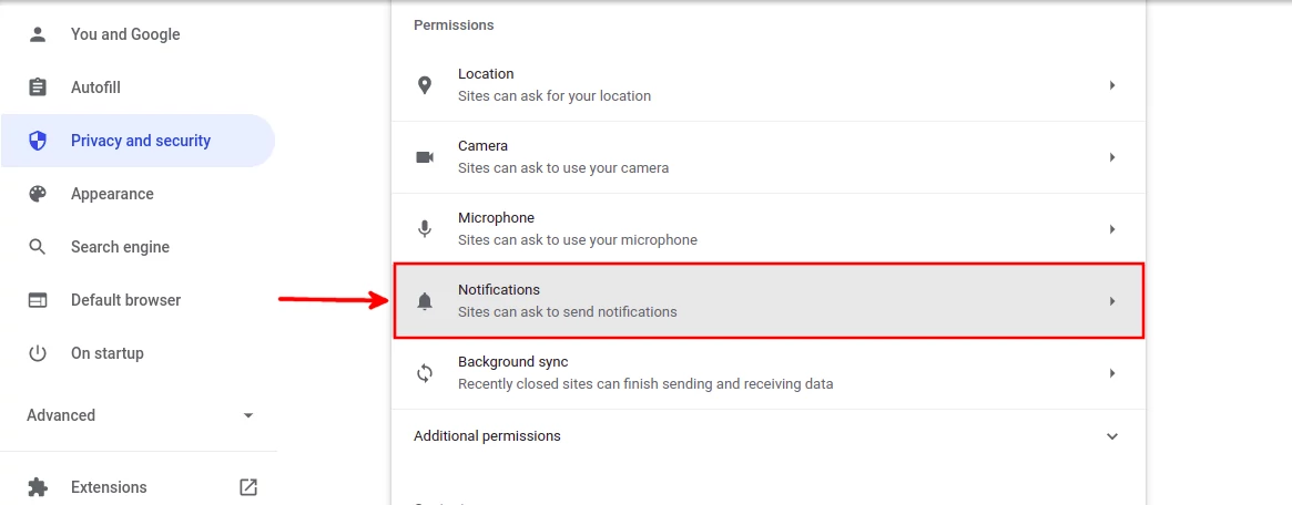 Opening chromium permission notification settings