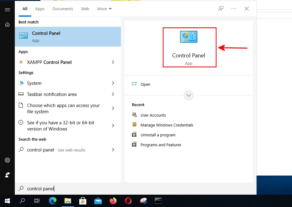 Opening the control panel on Windows 10
