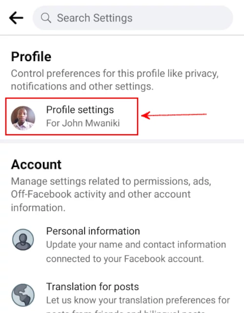 Opening Facebook profile settings on mobile app