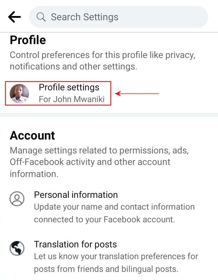 Opening Facebook mobile app profile settings