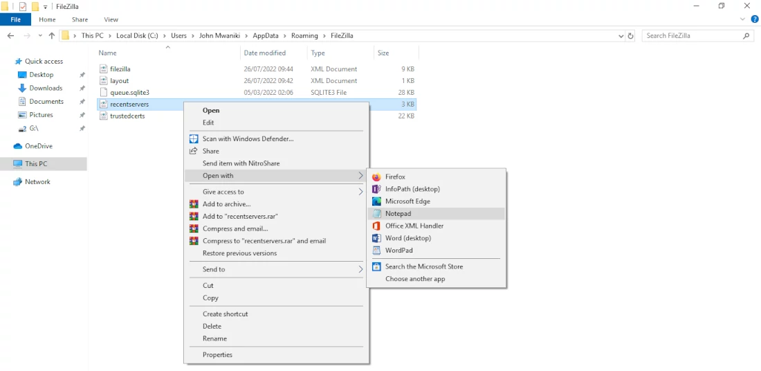 Opening FileZilla recentservers.xml file in Windows