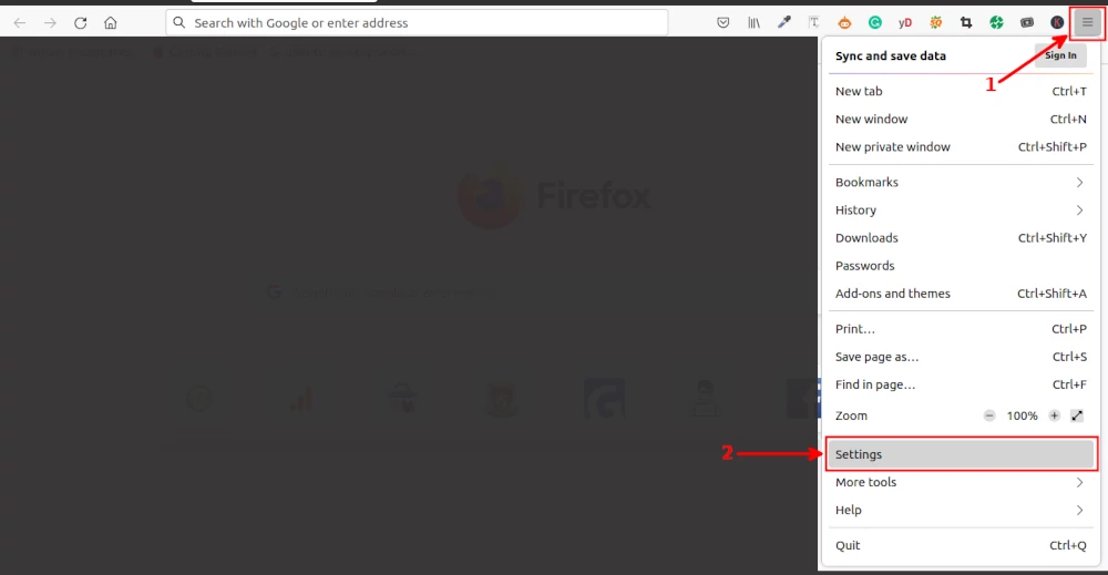 Opening firefox browser settings