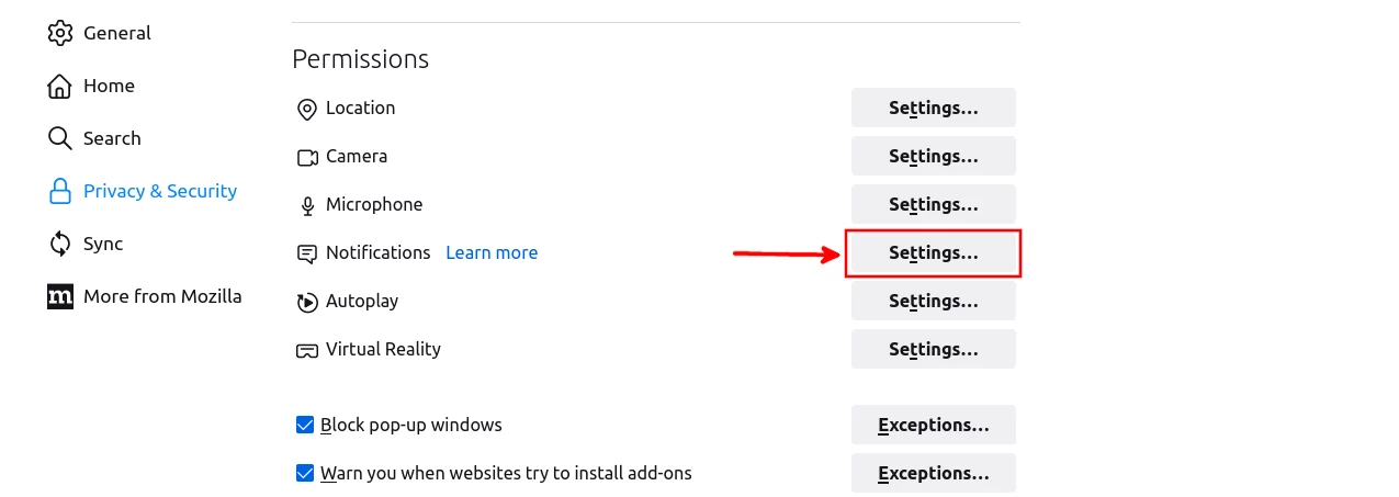 Opening Firefox notification settings